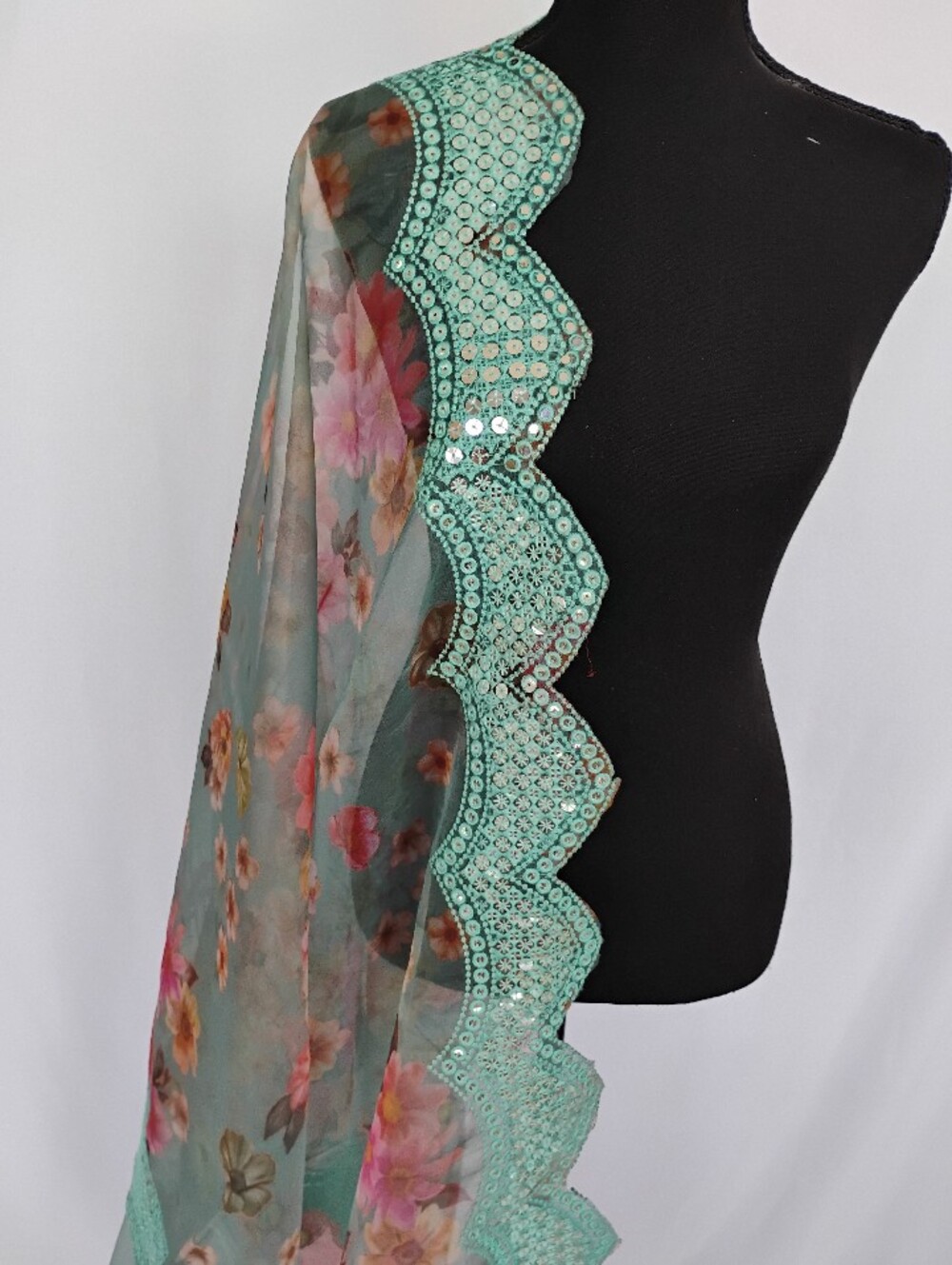 Floral organza  dupatta with cut work mirror border